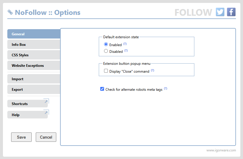 NoFollow options screenshot