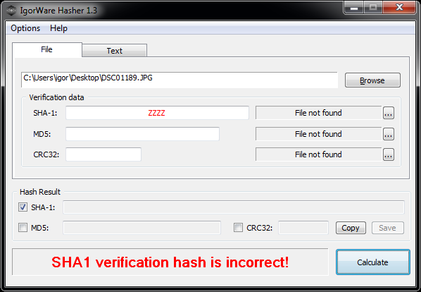 IgorWare Hasher marks invalid verification data with red color