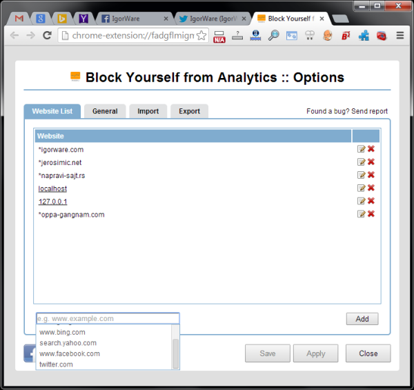 Block Yourself from Analytics options Screenshot