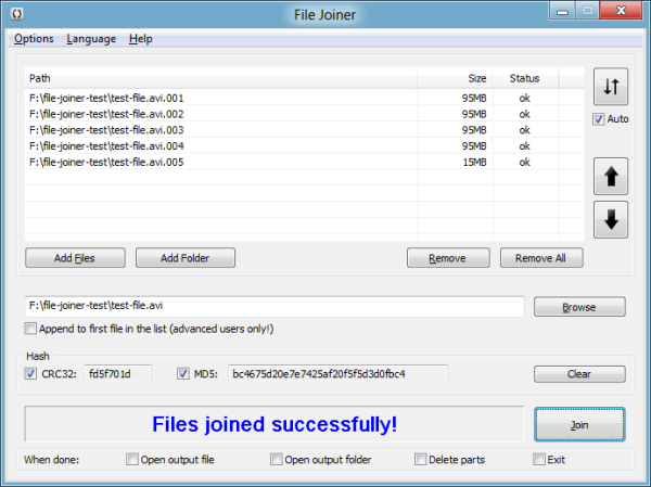 File Joiner is a bit crowded with hash calculation turned on