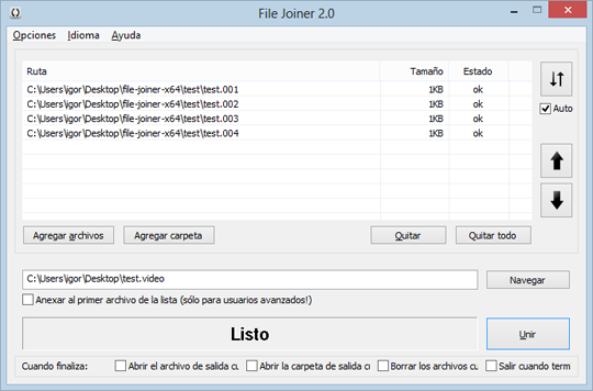 File Joiner 2.1.0 on Windows 8 with Spanish language