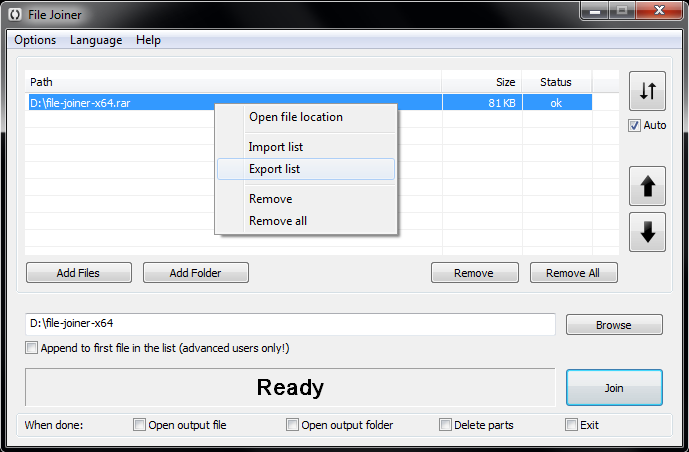 File Joiner 2.2.0 with opened context menu